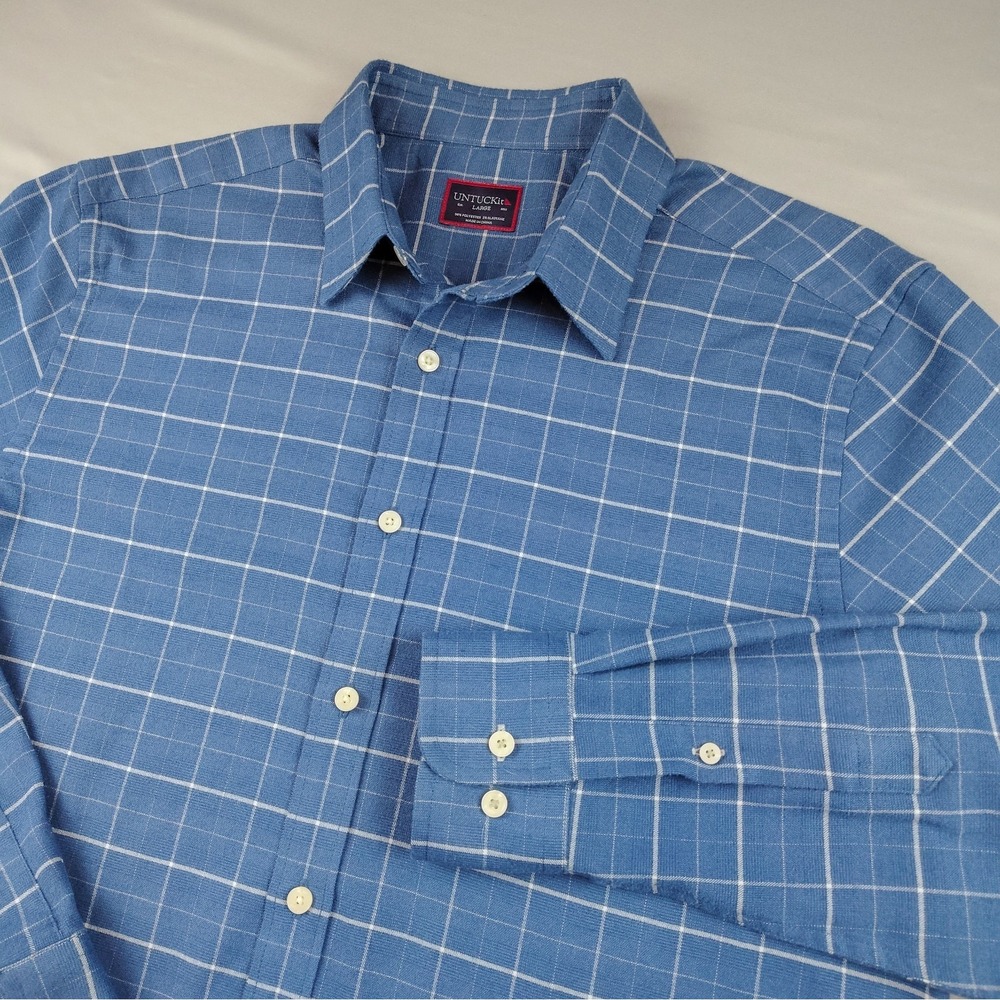 UNTUCKit Mens Large Blue Windowpane Flannel Shirt Stretch Button Front Casual